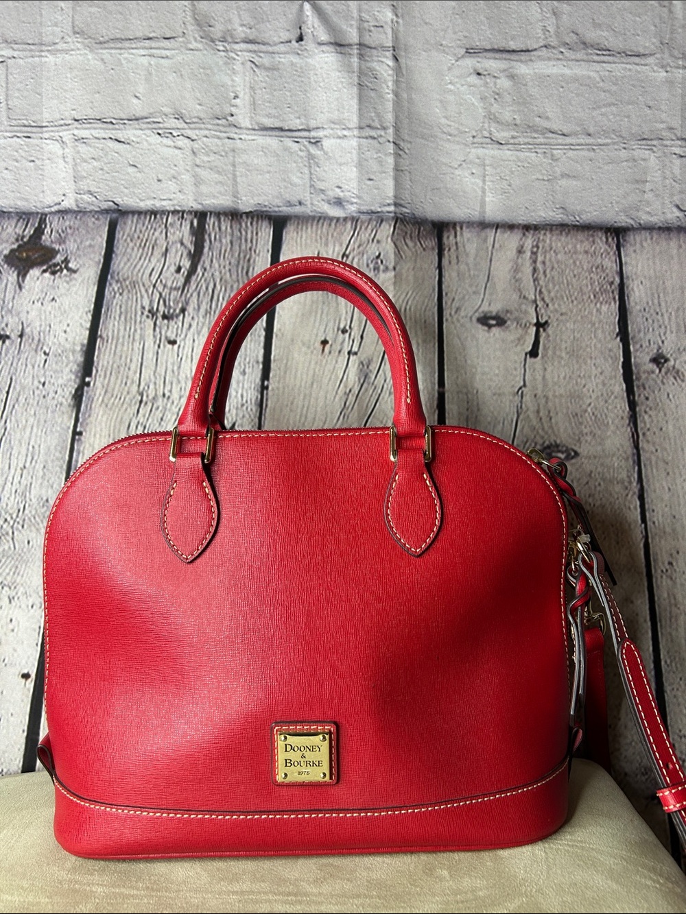 Dooney & Bourke Red Saffiano Dome Satchel with Gold Plaque